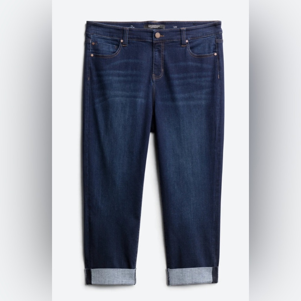 Liverpool Charlie Crop Wide Rolled Cuff Jean, Dark Wash, Size 16W